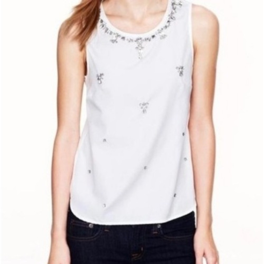 J. CREW Jeweled White cotton Shell Top Women SZ 12 festive party back buttons